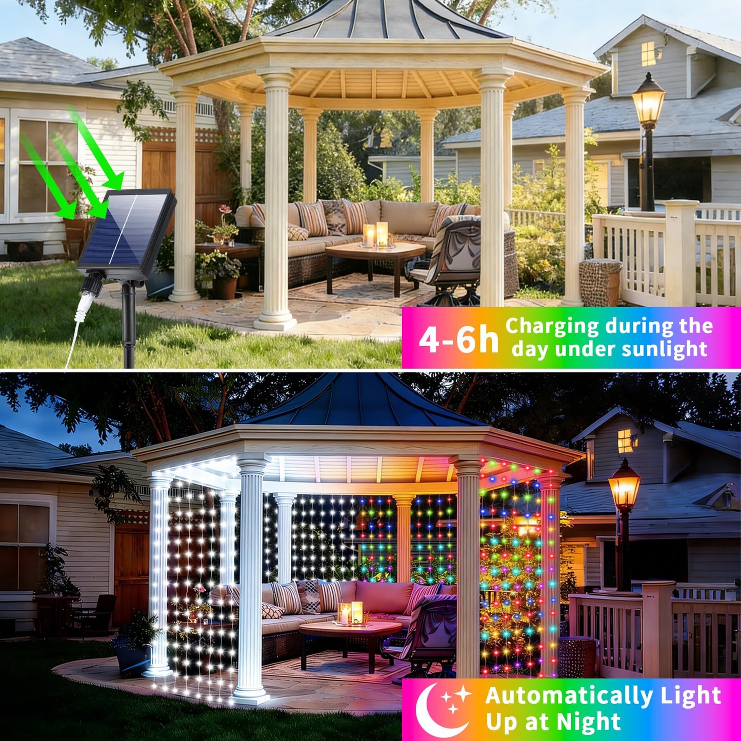 Solar Curtain Lights 10x10Ft 300LED Twinkle Fairy String Lights Multicolor Cool White Dual Color Changing Dimmable Waterproof Remote Timer Memory for Christmas Wedding Pergola Patio Outside