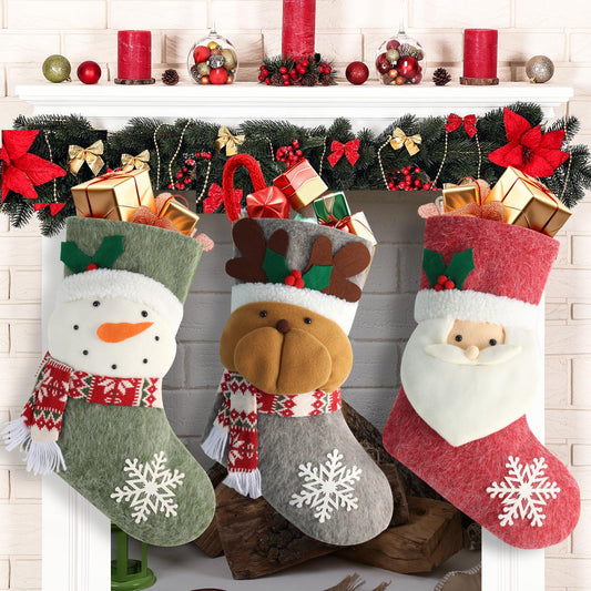 Fruasio 18.5 Inch Christmas Stockings for Hanging Set for 3, Large Xmas Fireplace Mantel Socks with Snowman, Reindeer & Santa, Classic Holiday Hanging Decorations for Home, Party & Gift Stuffers