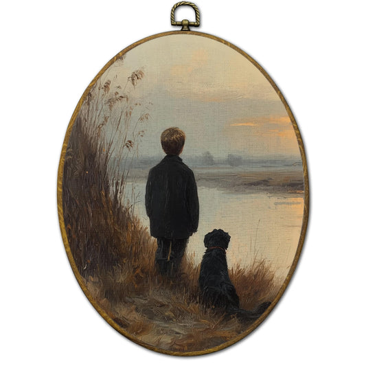 QZQE Vintage Rustic Farmhouse Oval Wall Art Decor Framed, Country Boy and Dog River Landscape Oval Canvas Prints, Cottagecore Wall Hanging Decor for Home Bedroom Living Room, 8.6x11.4 Inch