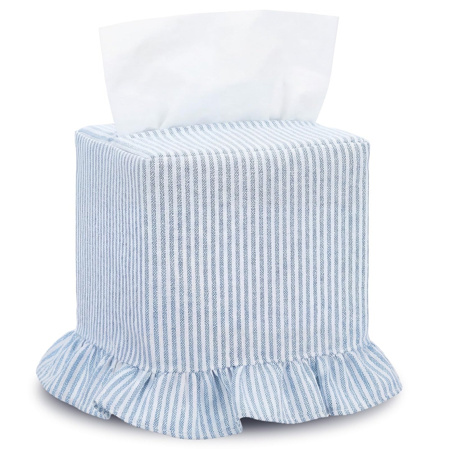 Sawysine Fabric Coastal Tissue Box Cover Light Blue White Linen Tissue Box Cover Decorative Beach Square Napkin Holder for Home Bedroom Living Room Bathroom Office Kitchen
