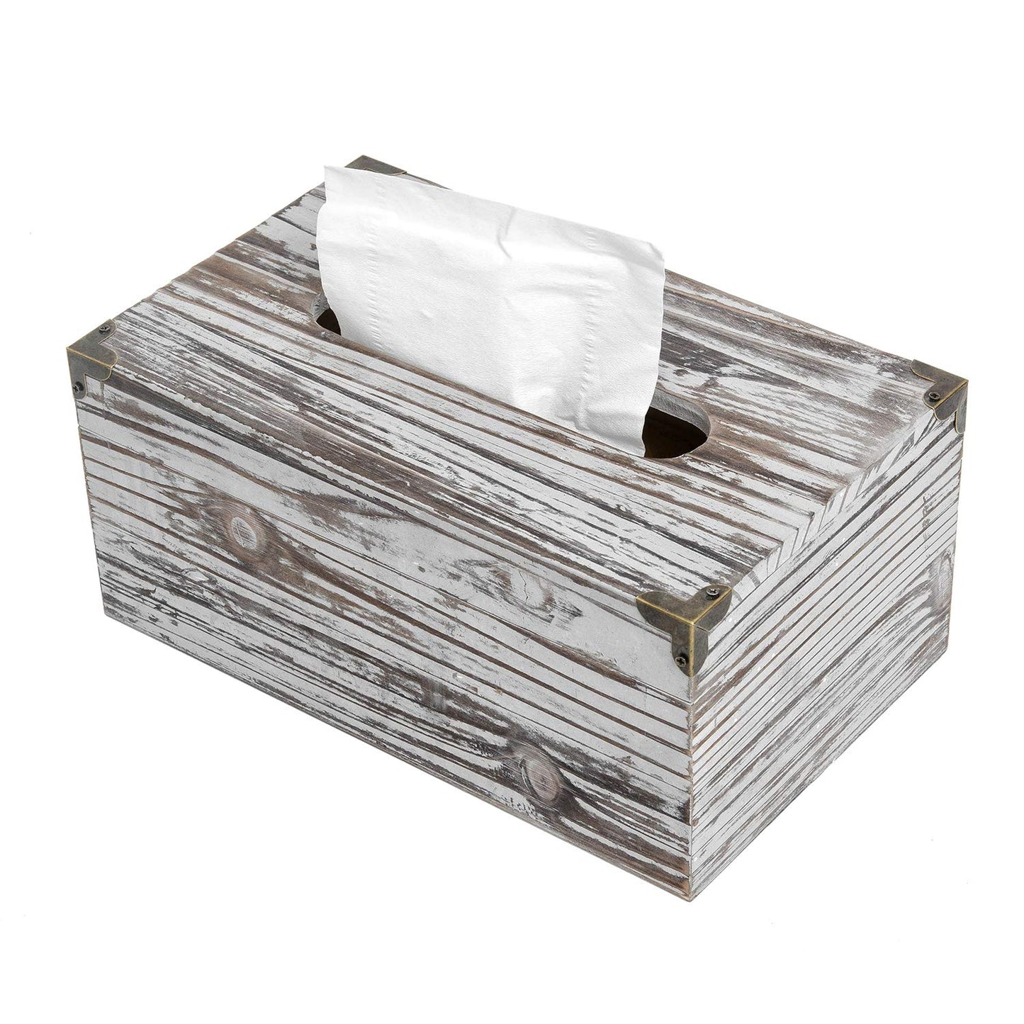 Liry Products Rustic Dark Brown Distressed Wood Facial Tissue Paper Box Metal Corner Brackets Hinge Lid Top Cover Holder Standard Size Rectangular Napkin Dispenser Bathroom Kitchen Bedroom