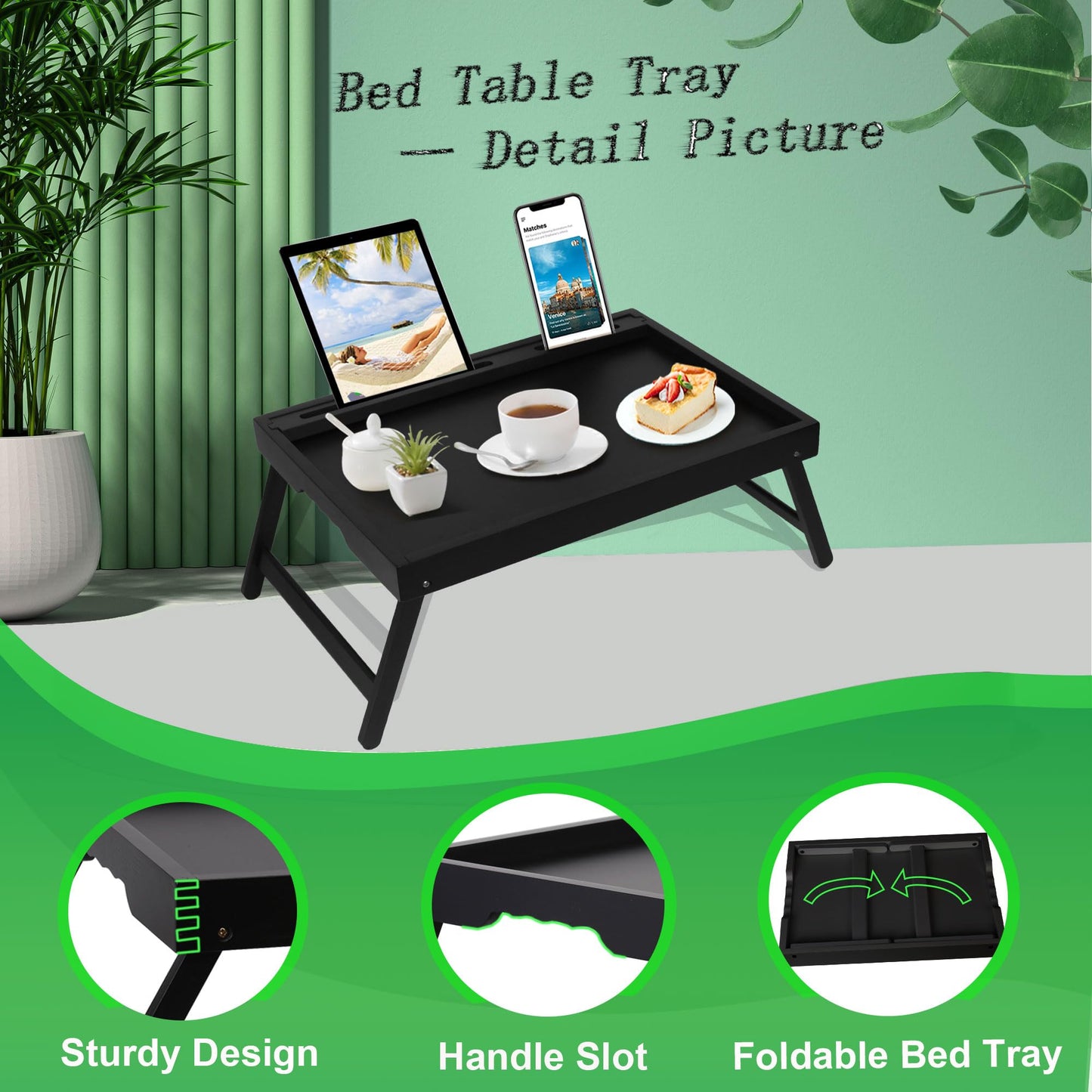 Asuthzon Bed Tray Table with Foldable Legs, Breakfast Trays for Eating on Couch with Media Slot in Bed, Eating, TV Tray, Kitchen Serving Tray(Black, Medium)