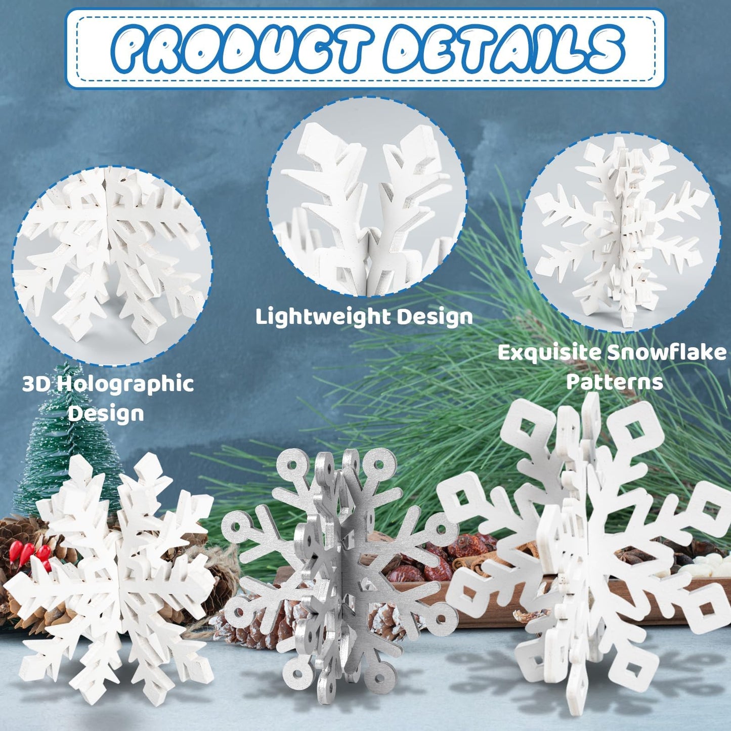 OuMuaMua Winter Christmas Centerpiece Table Decorations - 12pcs Wooden Snowflakes Decor 3D Silver White Snowflake Tabletop Decor for Xmas Holiday Tiered Tray Winter Farmhouse Decor