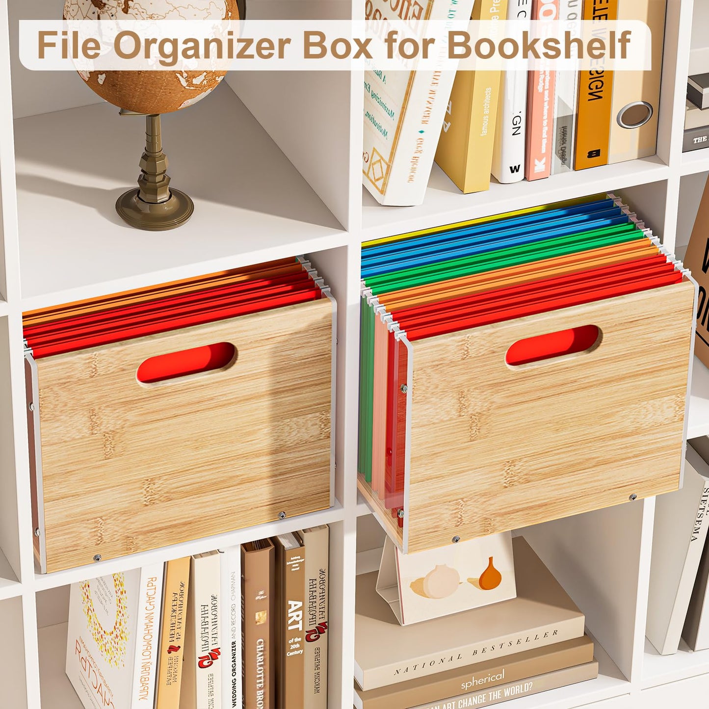 Sbanmao Clear Acrylic File Box Organizer, Bamboo Hanging Folder Storage Boxes, Filing Crate Bin Holder with Handle for Home Office Desk, Letter Size