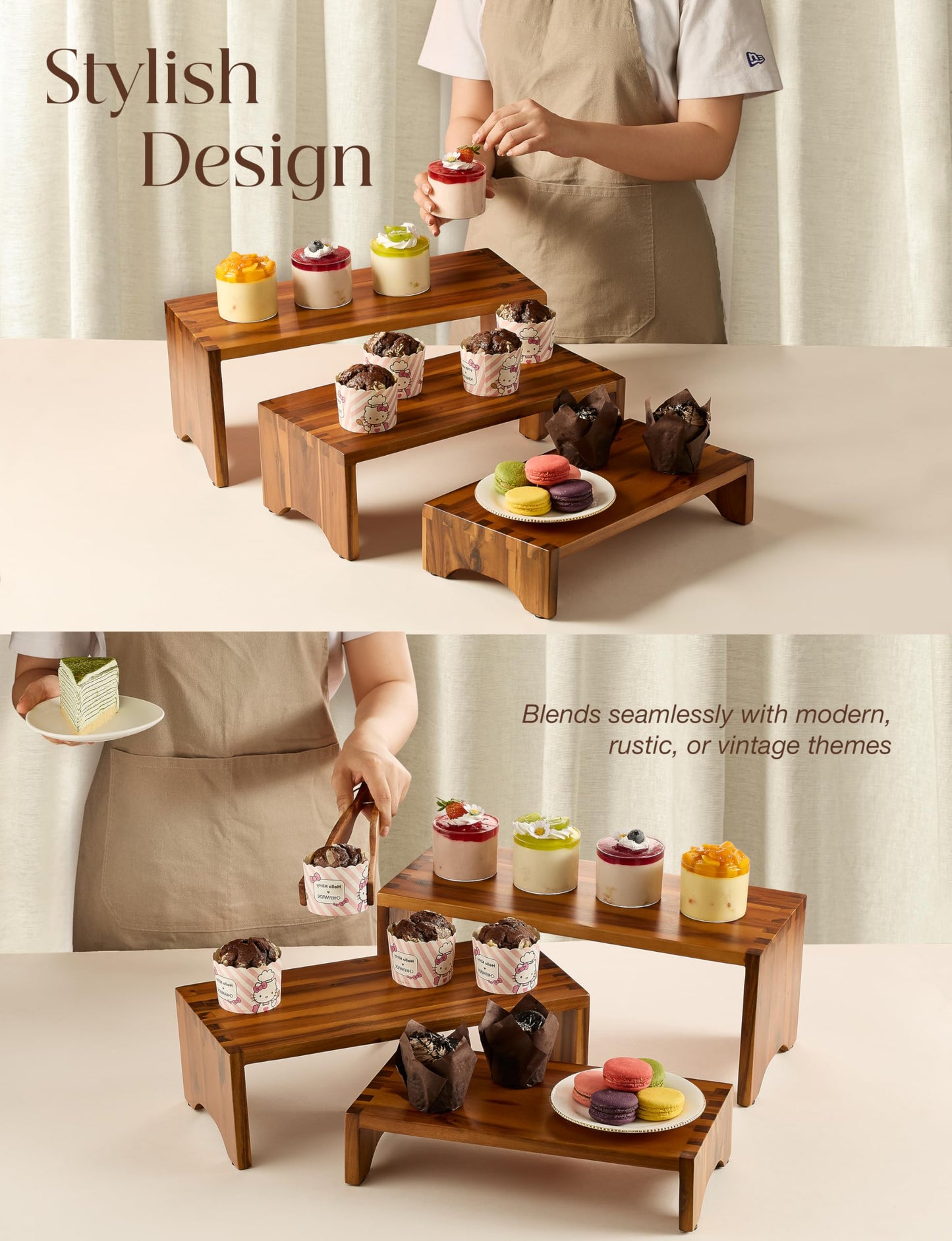 Tidita Acacia Wood Risers Display Stands Set of 3 - Wooden 3 Tier Cupcake Stand - 3 Tiered Riser for Vendors - Decorative Display Risers for Food Desserts Stand, Perfume, Funko POP at Party Wedding