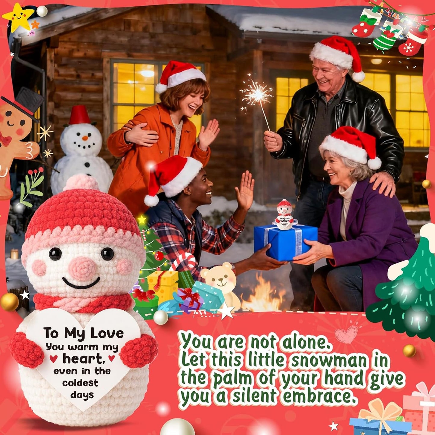 Touodo Handmade Crochet Snowman Doll with Gift Card – Cute Winter Holiday Plush Toy for Loved One, Friend, Boyfriend, Girlfriend, Wife, Husband