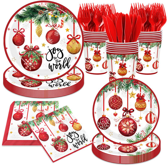 Joy To The World Christmas Tableware, 144Pcs Joy To The World Christmas Decorations includes Xmas Plates and Ball Napkins, Happy Holiday Plates and Napkins for Xmas Holiday Party