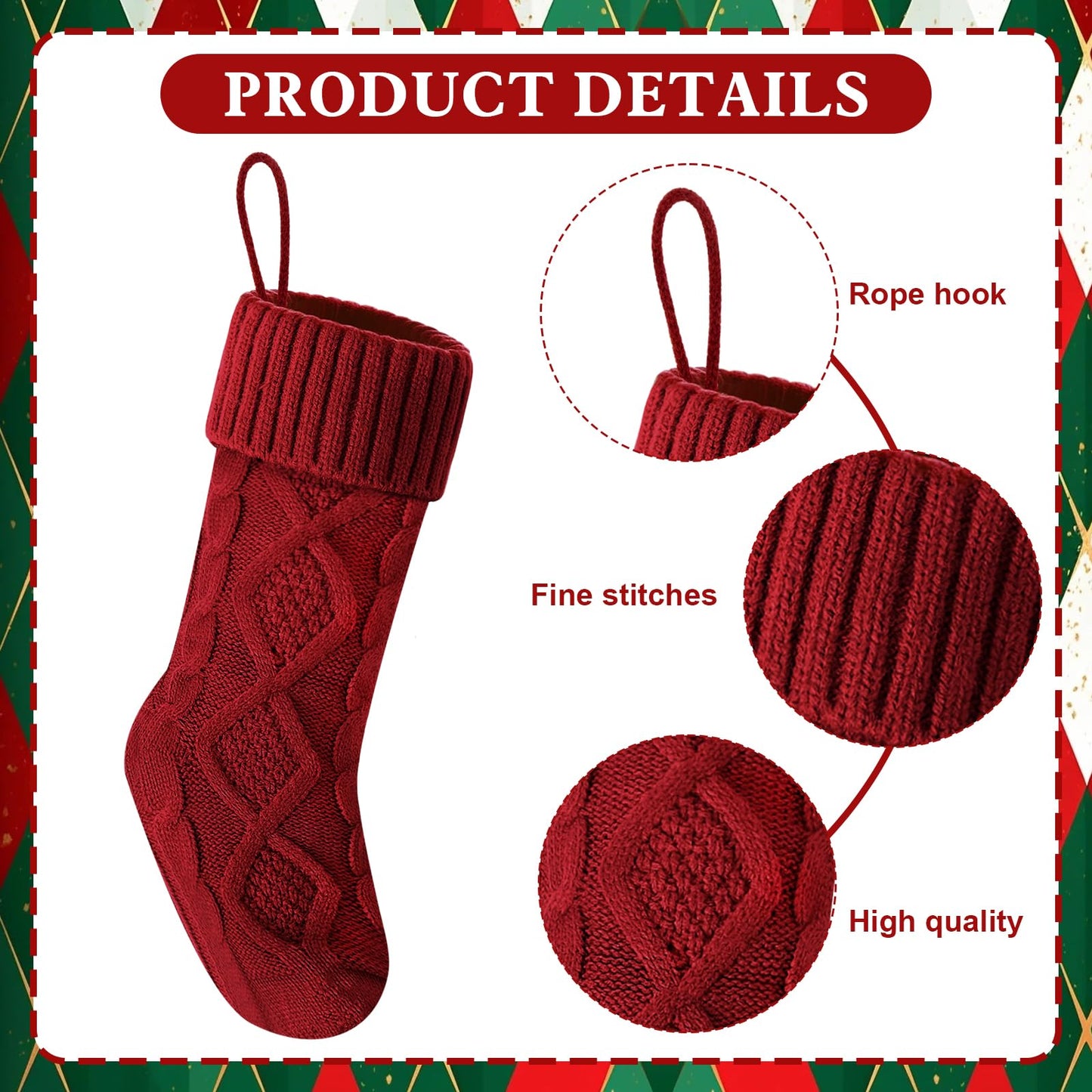 Doitory Christmas Stockings 18 Inches,Long Knitted Socks Christmas Decoration Hanging Stocking Fireplace Xmas Tree Stocking for Home Family（6P-red）
