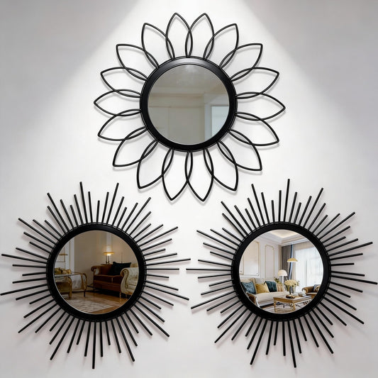 HMANGE Set of 3 Black Metal Sunburst Wall Mirrors - 12" Round Decorative Art for Living Room Bedroom Bathroom Entryway, No Assembly Required, Rust Resistant Design