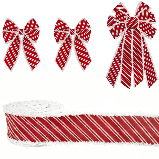 On-Airstore Christmas Fabric Ribbon 25 Yards Red White Stripe Ribbons Wired Velvet Edge Xmas Glitter Burlap Decor Ribbon for Christmas New Year Party Gift Wrapping Craft Hanging Decoration Supplies