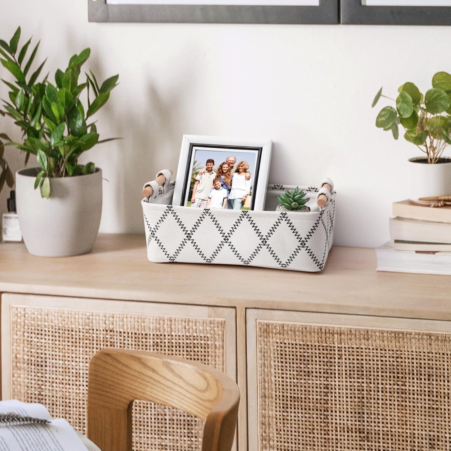 Toilet Tank Basket for Bathroom Storage - Holds 2-4 Toilet Paper Rolls, Small Decorative Basket with Wood Handles, Collapsible Organizer for Countertop, Shelf, Boho Home Décor, 12.5"x7"x4.5", White