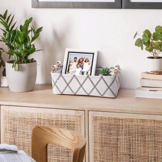 Toilet Tank Basket for Bathroom Storage - Holds 2-4 Toilet Paper Rolls, Small Decorative Basket with Wood Handles, Collapsible Organizer for Countertop, Shelf, Boho Home Décor, 12.5"x7"x4.5", White