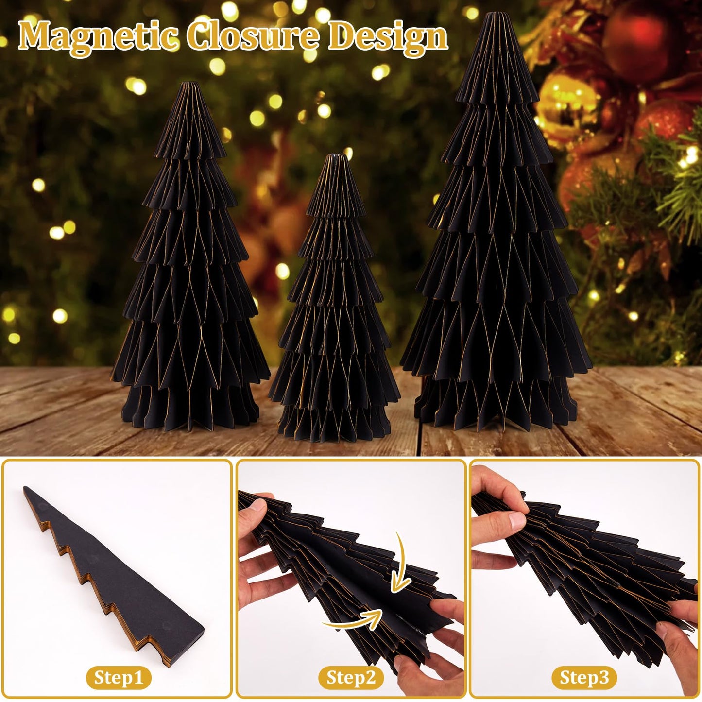 SUNBEAUTY 3PCS Black and Gold Honeycomb Paper Christmas Tree, 3D Christmas Tree Table Centerpiece with Magnetic Attachment,Christmas Winter Newyear Party Holiday Home Decor