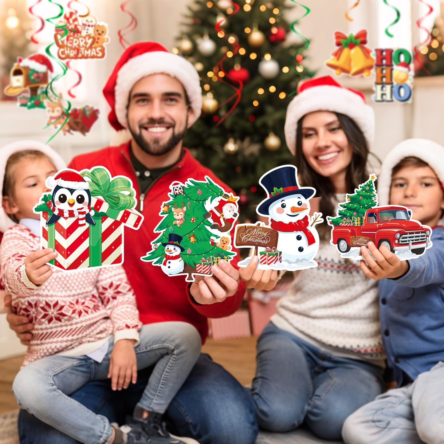 Christmas Decor Set: Banner & Hanging Swirls - for Home, Office, Classroom Indoor Christmas Party Decorations