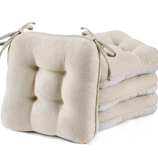 BETU Chair Cushions for Dining Chairs Set of 4,3.5" Thick Kitchen Table Chair Pads with Ties,Non Slip Backing and Covers, Seat Cushion for Dining Room,Bar,Patio Chairs,15.5"X15.5"X3.5",Beige