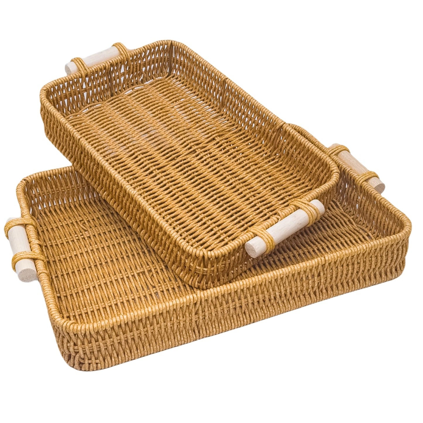 GIB Woven Baskets Serving Trays with Handle, Small Rectangle PP Wicker Rattan Trays Bread Basket for Serving Food, Vegetables, Breakfast, Coffee Table Decor, 14" & 12", Set of 2