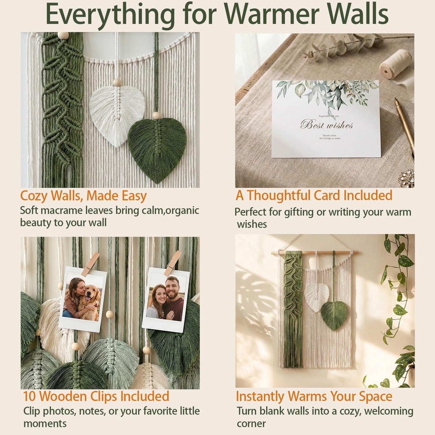SunsprieJoy Macrame Wall Hanging, Boho Wall Decor Handmade Yarn Woven Leaf Tapestry, Modern Wall Art for Bedroom Nursery Kitchen Dining Room Bathroom, Home Decoration Gift for Women – Green