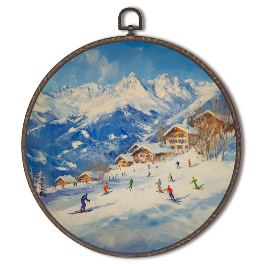 XNXLDYLH Winter Ski Skiing Scene Round Framed Wall Art Decor, Apres Ski Lodge Hanging Wall Decorations for Home, Vintage Farmhouse Cabin Snow Mountain Canvas Prints Art Pictures Paintings, 10x10 Inch