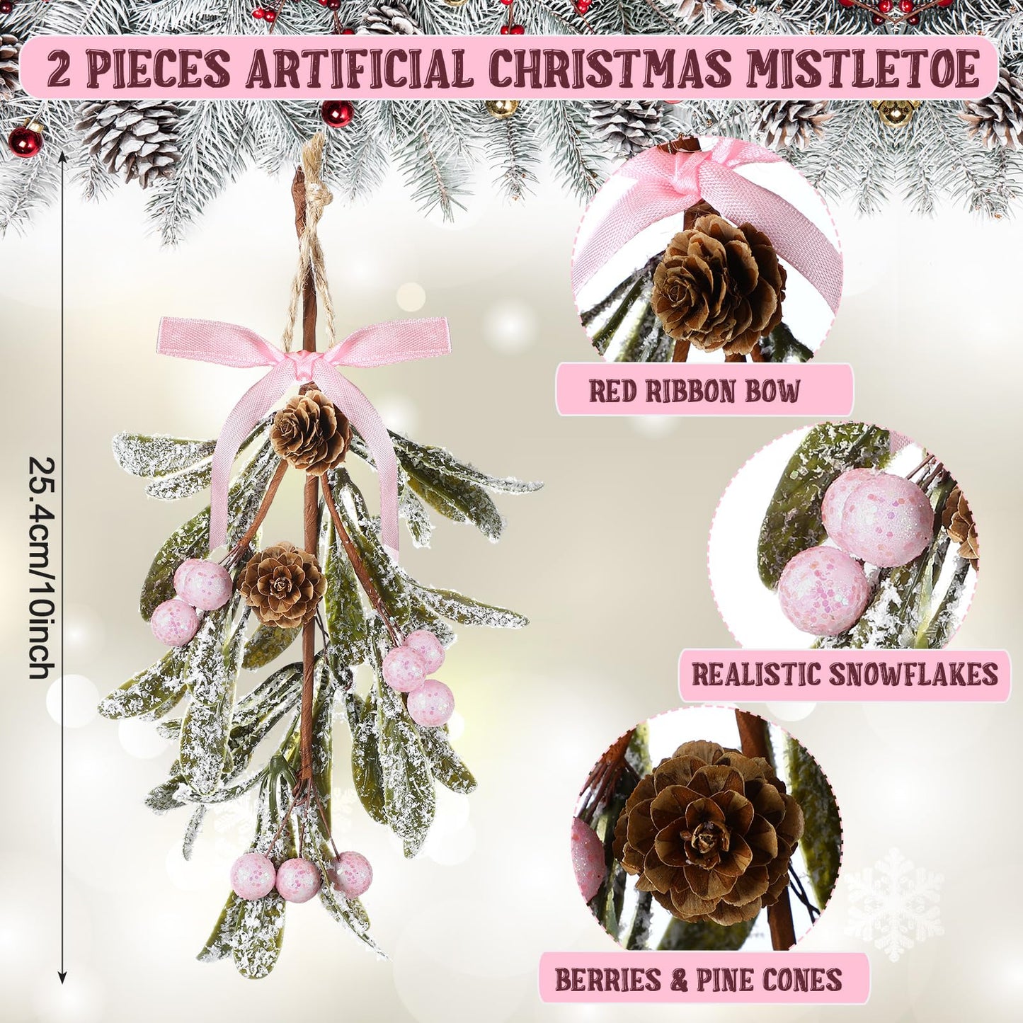 Giegxin 1 Piece Christmas Artificial Mistletoe Ornament with Red Bow Christmas Hanging Mistletoe Decoration Bouquet Floral Natural Pine Cones Holiday Decoration Ornament Bouquet (Pink Style)