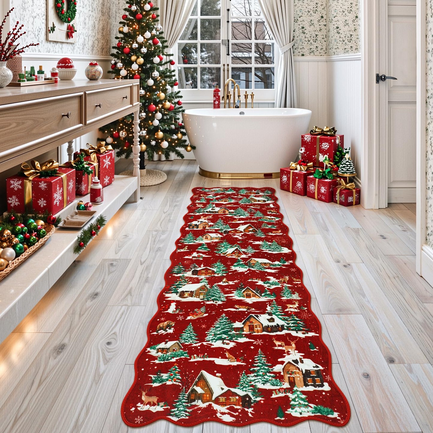 LIVEBOX Christmas Runner Rug Runners for Hallways, 2x6 Red Washable Kitchen Rugs Non Slip, Xmas Christmas Tree Rug for Entryway, Runner Carpet Kitchen mat for Bathroom Bedroom Laundry Holiday Decor