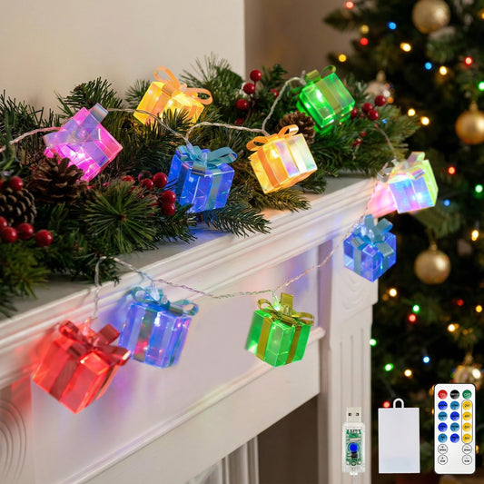 Christmas Gift Box String Lights with Remote Timer,13ft 20 LED Iridescent Christmas Decoration, USB Battery Operated Fairy Lights for Xmas Tree Decor Fireplace Mantel Stairs Room Party (Multicolor)