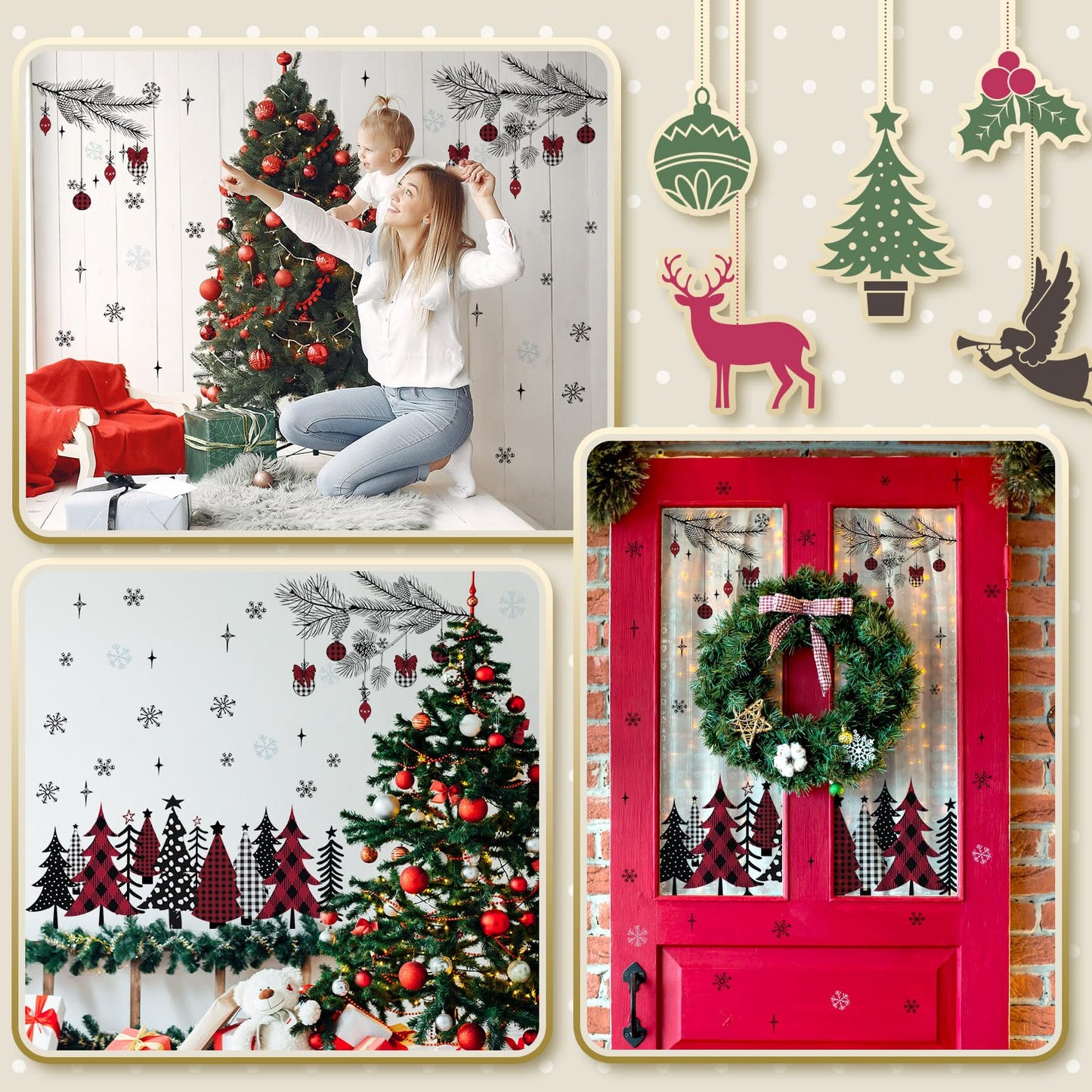 Qeeenar 3 Sheets Christmas Wall Decals Christmas Window Cling Sticker DIY Xmas Tree Stickers Removable Wall Stickers for Winter Living Room Xmas Holiday Decoration(Cute Style)