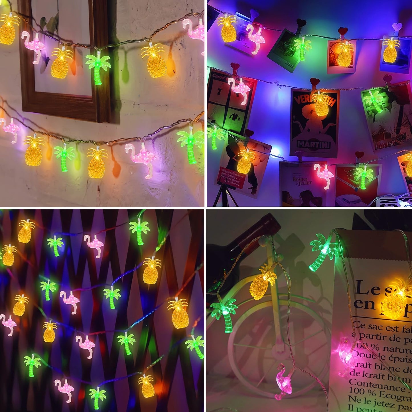 Couah 30 LED 16Ft Summer Beach Hawaiian String Lights - 8 Modes & Timer - Flamingo Pineapple Palm Tree Fairy Lights - Battery Operated for Tropical Party Pool Decorations