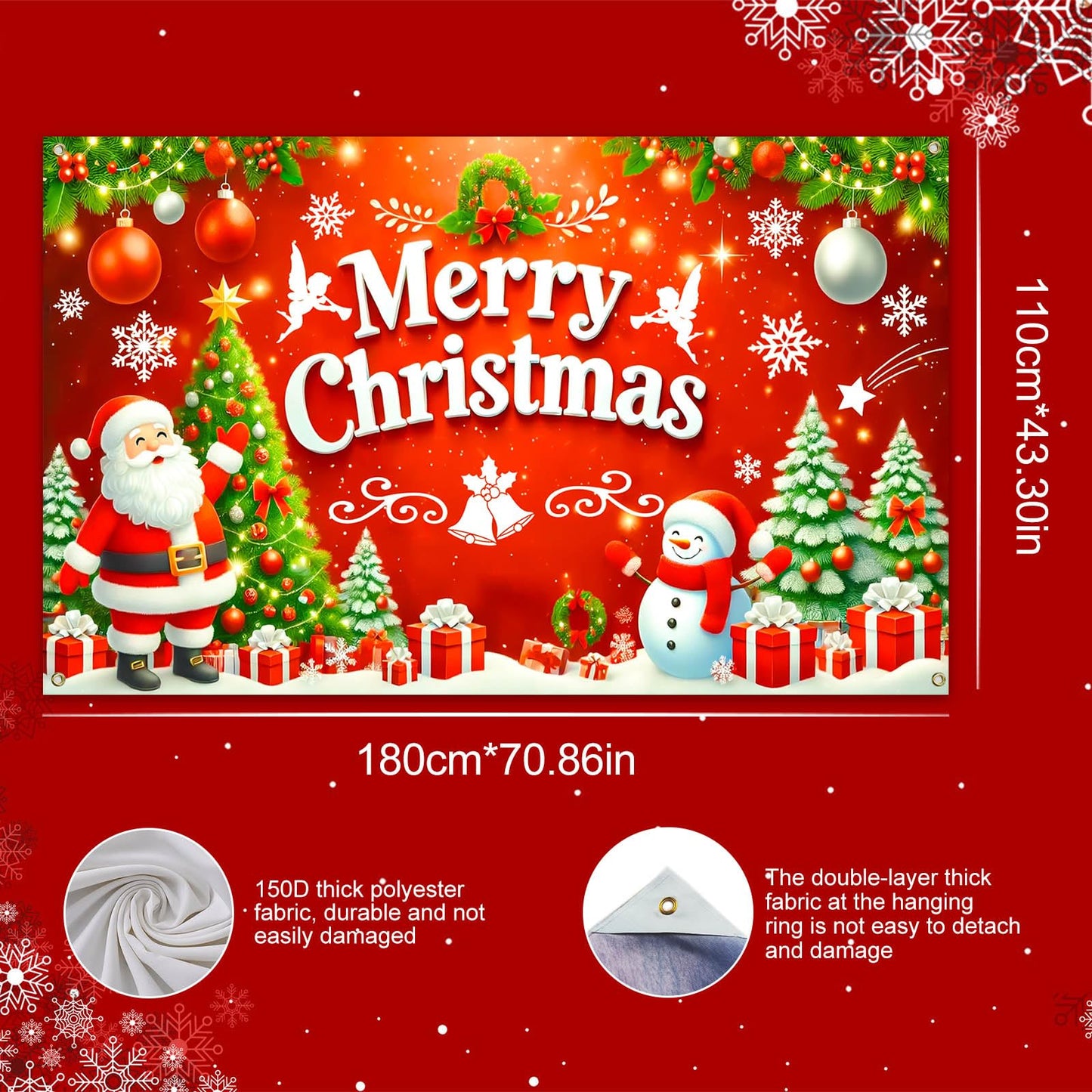BlissYard Merry Christmas Banner 71x43 Inch Santa Claus Snowman Christmas Tree Gift Box Red Backdrop for Indoor Outdoor Xmas Party Wall Decor Holiday Celebration Decorations