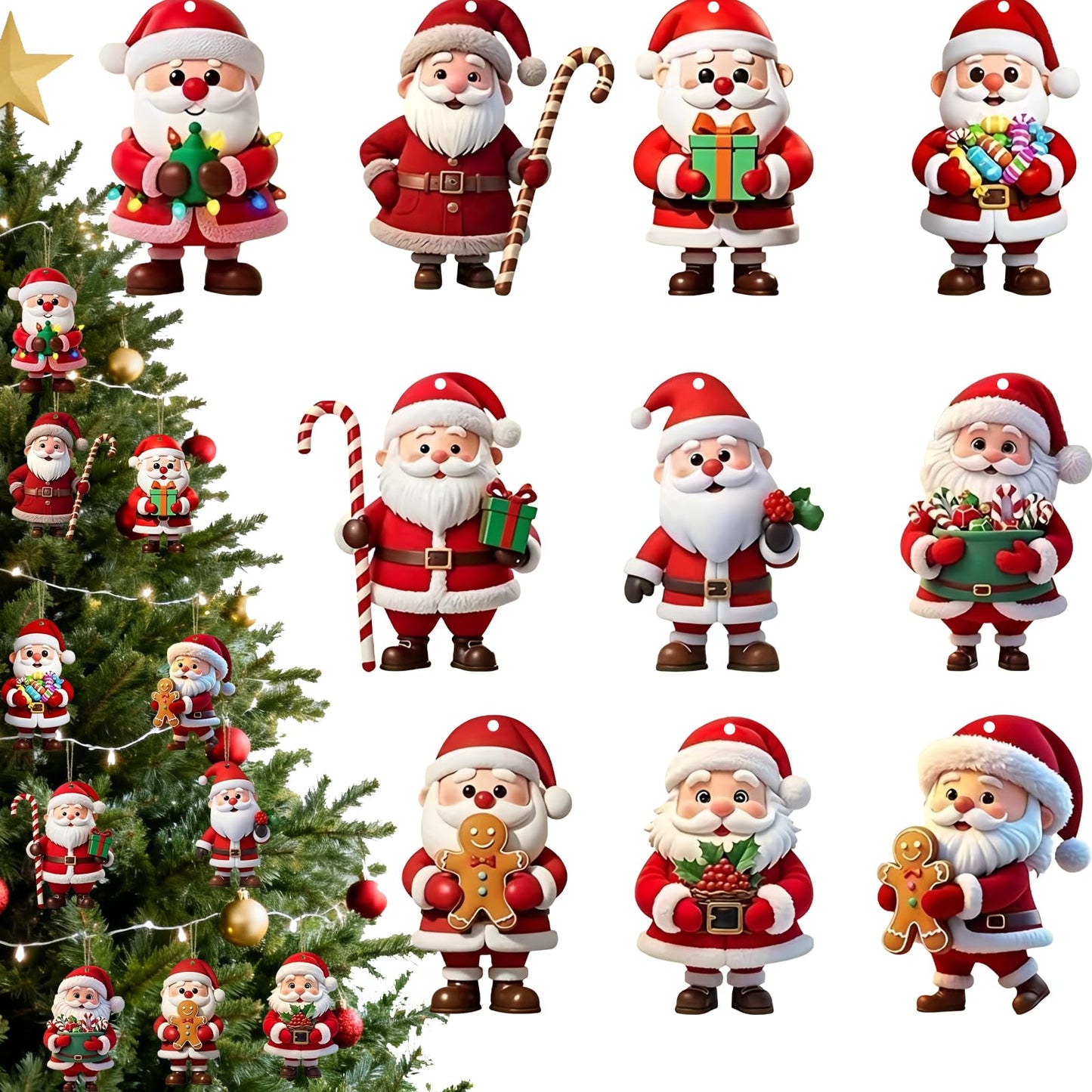 Christmas Tree Acrylic Ornament Set Santa Claus Decorations with Different Poses and Accessories Perfect Christmas Holiday Decor for Christmas Tree 10 Pcs