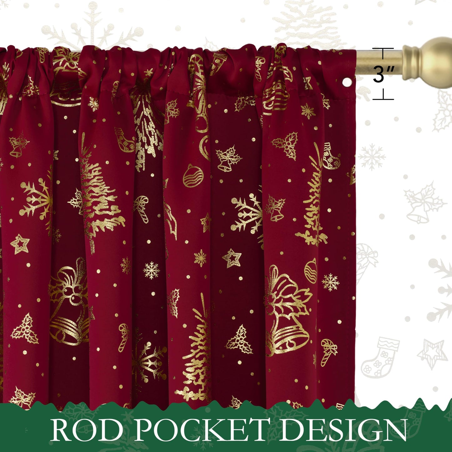 NICETOWN 2 Panels Christmas Red Rod Pocket 42 x 36 Inch Valance Curtains - Holiday Themed Window Treatment for Living Room, Bedroom, Study, Dining Room, Kids Room - Gold Stamping Design