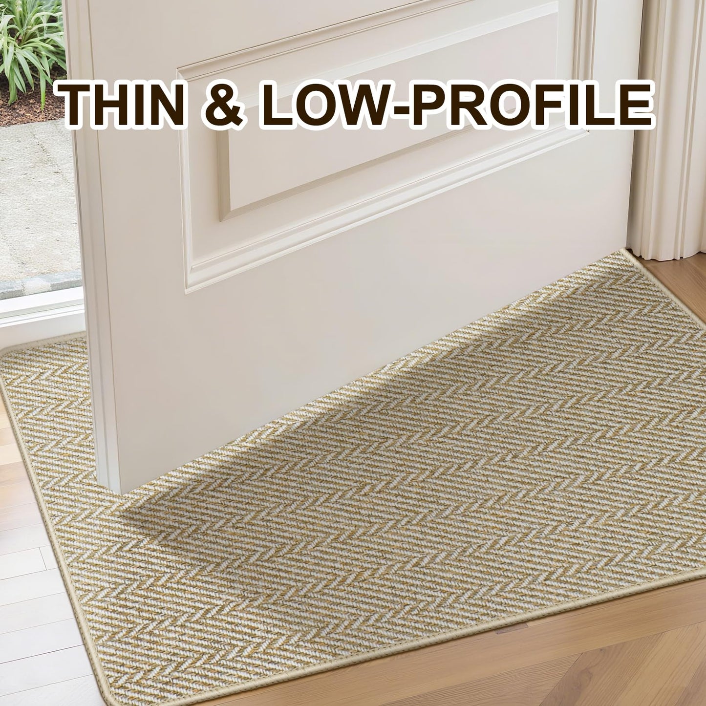 BEISIFLOOR Ultra Thin Door Mat Indoor Entrance 17"x29", Low-Profile Indoor Door Mat, Non Slip Entry Mat Rubber Backing Unique Herringbone Design Inside Doormat Dirt Trapper Entryway Mats, Beige