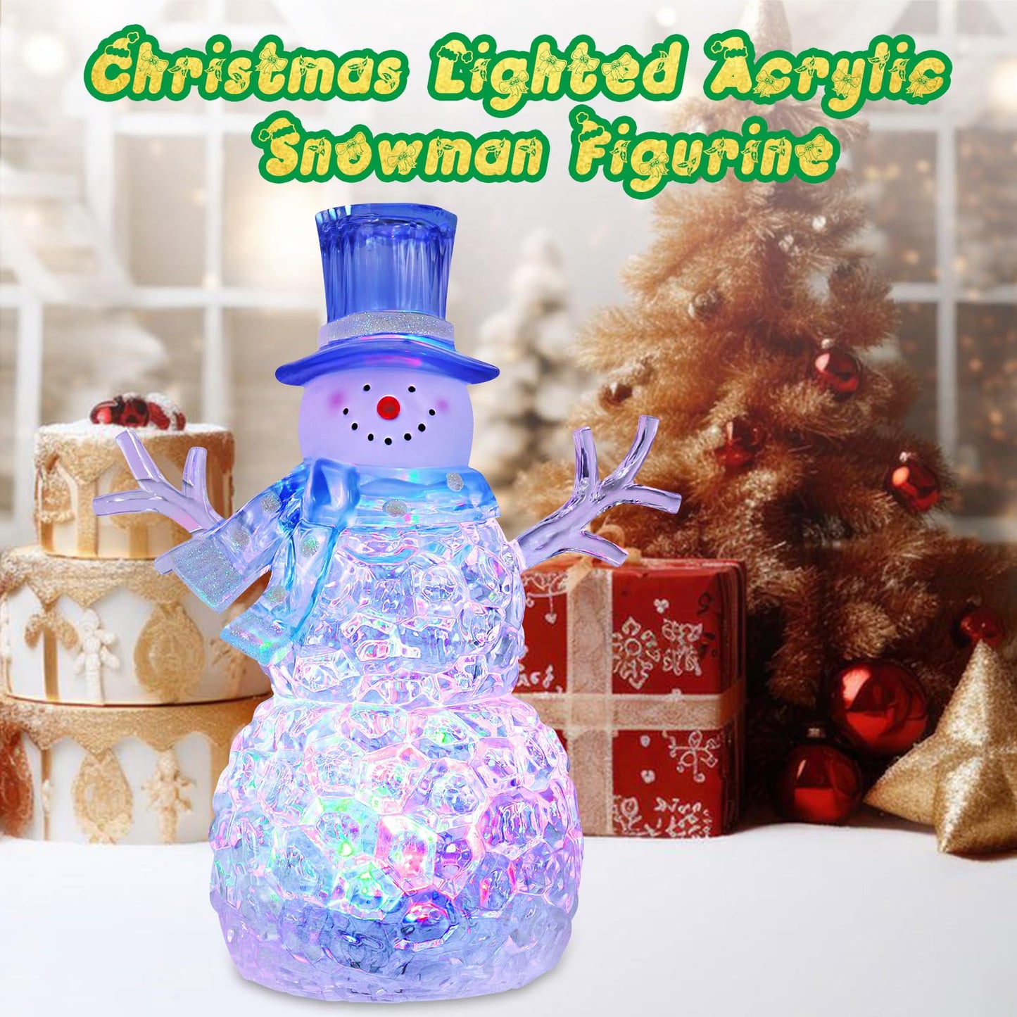 Snowman Christmas Decoration LED Lighted Snowman Figurines with 6H Timer 3 AAA Battery Operated Christmas Acrylic Snowman Decorations for Indoor Holiday Tabletop Decorations Gifts (Blue Hat)