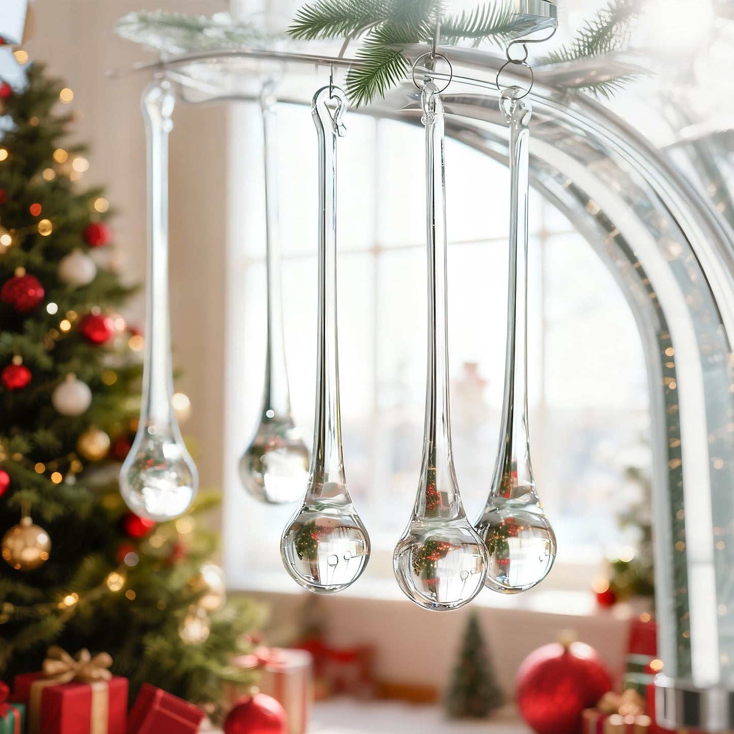 kanpura 6 Inch Teardrop Ornaments Glass Drop Ornaments Clear Crystal Chandelier Pendant Hanging for Centerpieces Christmas Tree Winter Party Decor(10 Pcs)