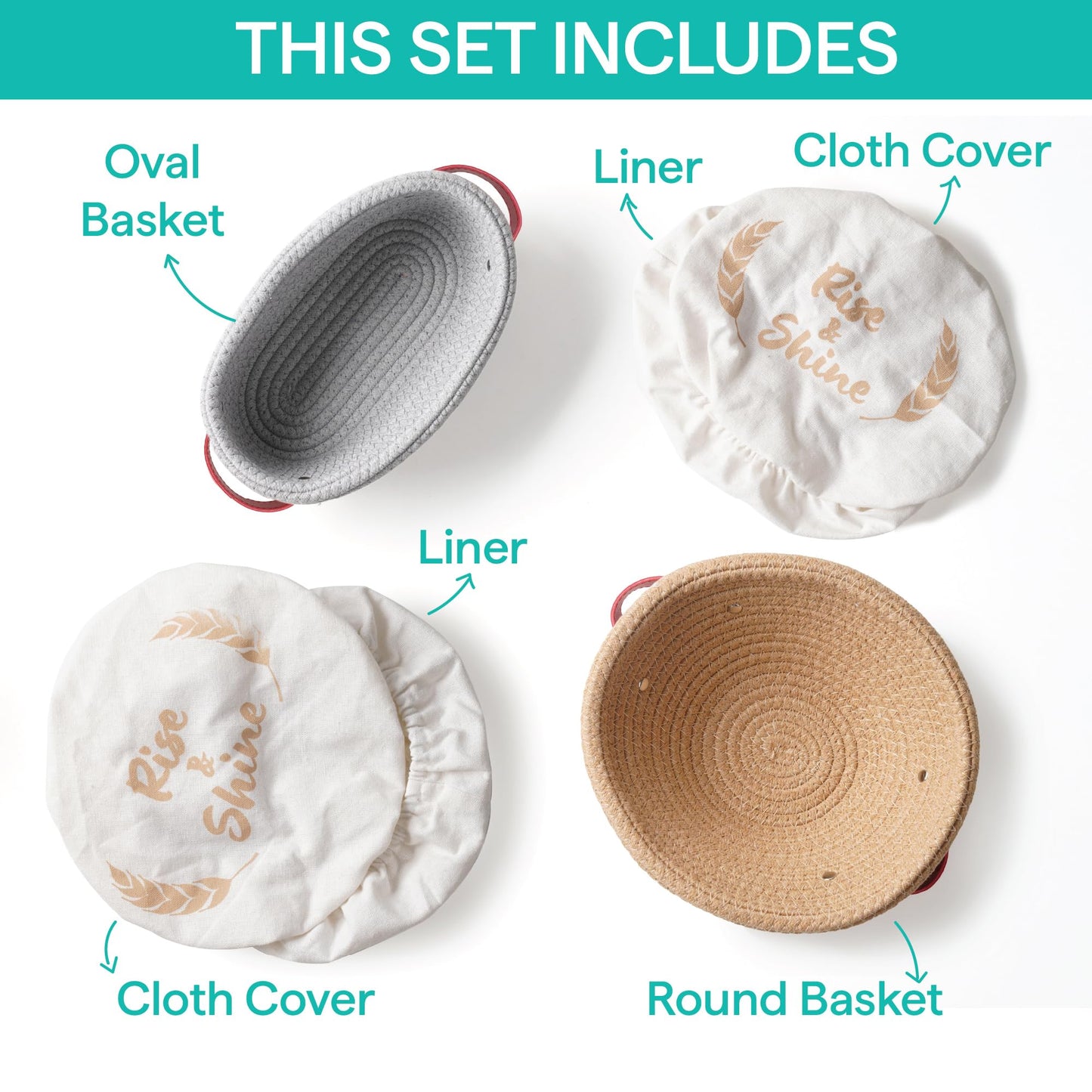 Baker's Secret Cotton Rope Banneton Bread Proofing Basket Set, Oval & Round Bread Baskets with Liners & Covers for Artisan Bread Baking, Sourdough Bread Baking Supplies