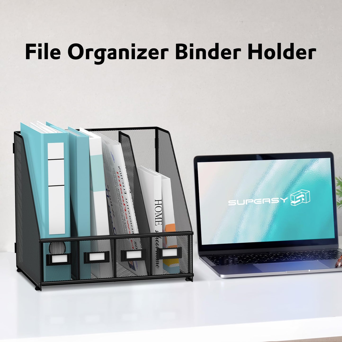 SUPEASY Magazine File Holder, Binder Holder Metal Desk Organizer with 4 Rack Compartments, File Organizer for Office Home School, Black