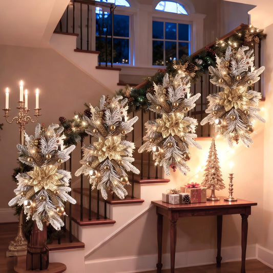 Christmas Teardrop Swag for Decorating, 24" Prelit Cordless Stair Decorations with Lights, 1 Pcs Artificial Christmas Garland Wreath for Staircase Front Door Home Window Decor (Gold)