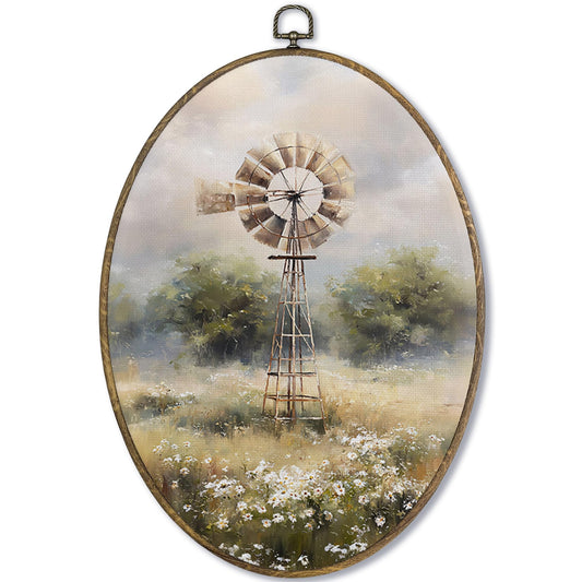 Fewgb Vintage Farmhouse Windmill Oval Wall Art Decor Framed, Rustic Country Canvas Wall Art Prints Picture, Cottagecore French Country Hanging Room Decor Artwork for Kitchen Bedroom Bathroom 9x12