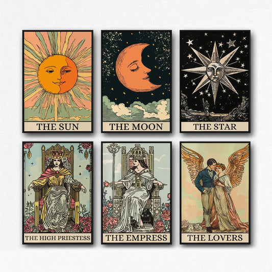 Tarot Wall Art Vintage Tarot Card Posters The Sun Moon Star Lovers High Priestess Empress Prints Mystical Decor for Bedroom Living Room Aesthetic (8×12 inch(20×30cm),Set of 6, Unframed) (tarot2)