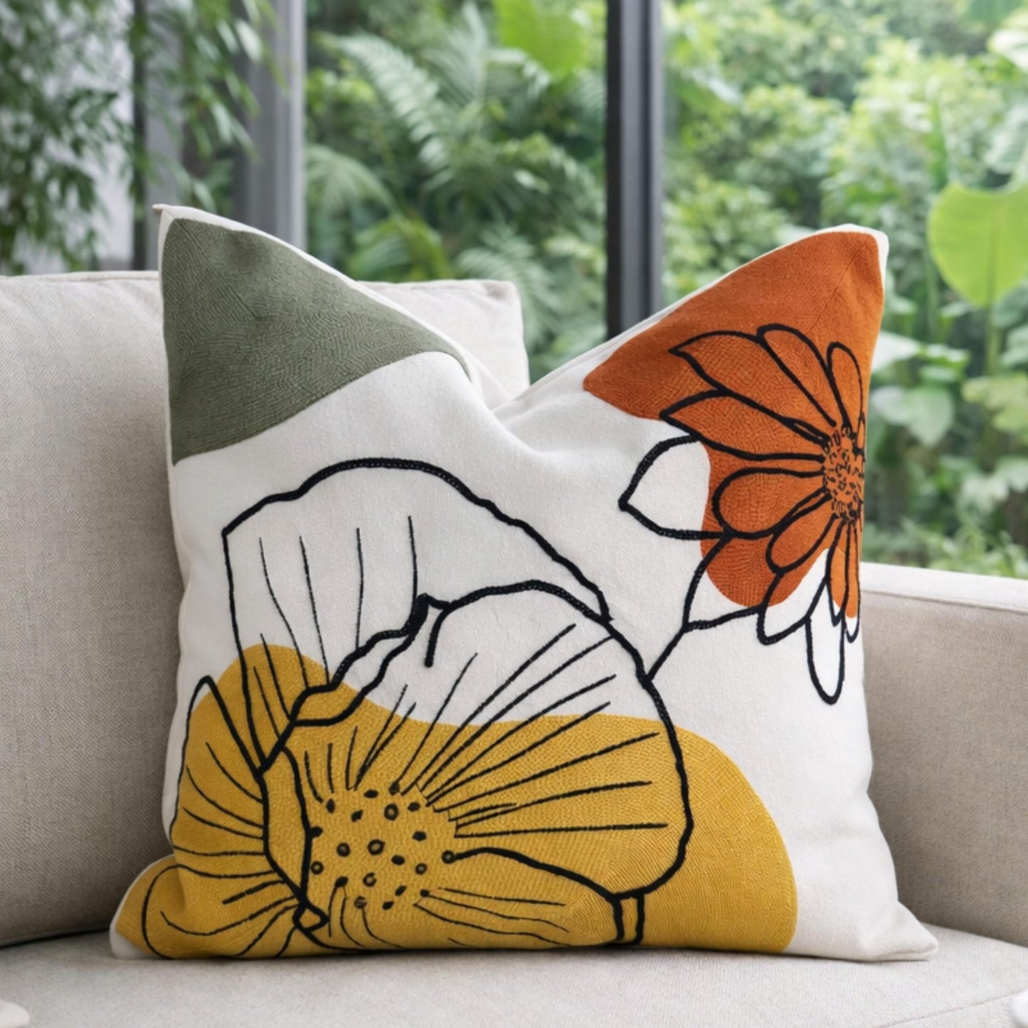 AYAY Decorative Velvet Throw Pillow Cover 18x18 Inch – Beige with Yellow, Rust & Olive Embroidered Floral Design, Earthy Boho Accent Cushion, Hidden Zipper, Cover Only