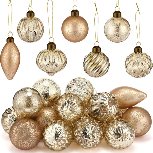 Syhood 24 Pcs Mercury Glass Christmas Ornaments 2.36 Inch Antique Vintage Glass Ornaments Rustic Xmas Balls for Christmas Tree Wreaths Garland Party Wedding Decoration(Gold,Circle)