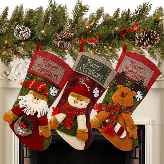 Sunnyglade 3PCS 18" Christmas Stocking Classic Large Stockings Santa, Snowman, Reindeer Xmas Character for Family Holiday Christmas Party Decorations