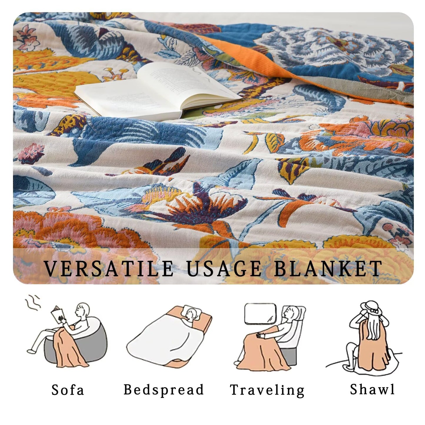 HBNDIL Boho Blanket Soft Muslin BohoThrow Blanket, 100% Cotton Floral Printed Farmhouse Decor All Season Reversible Rustic Throw for Sofa Couch Chair (Beige, 50"x60")