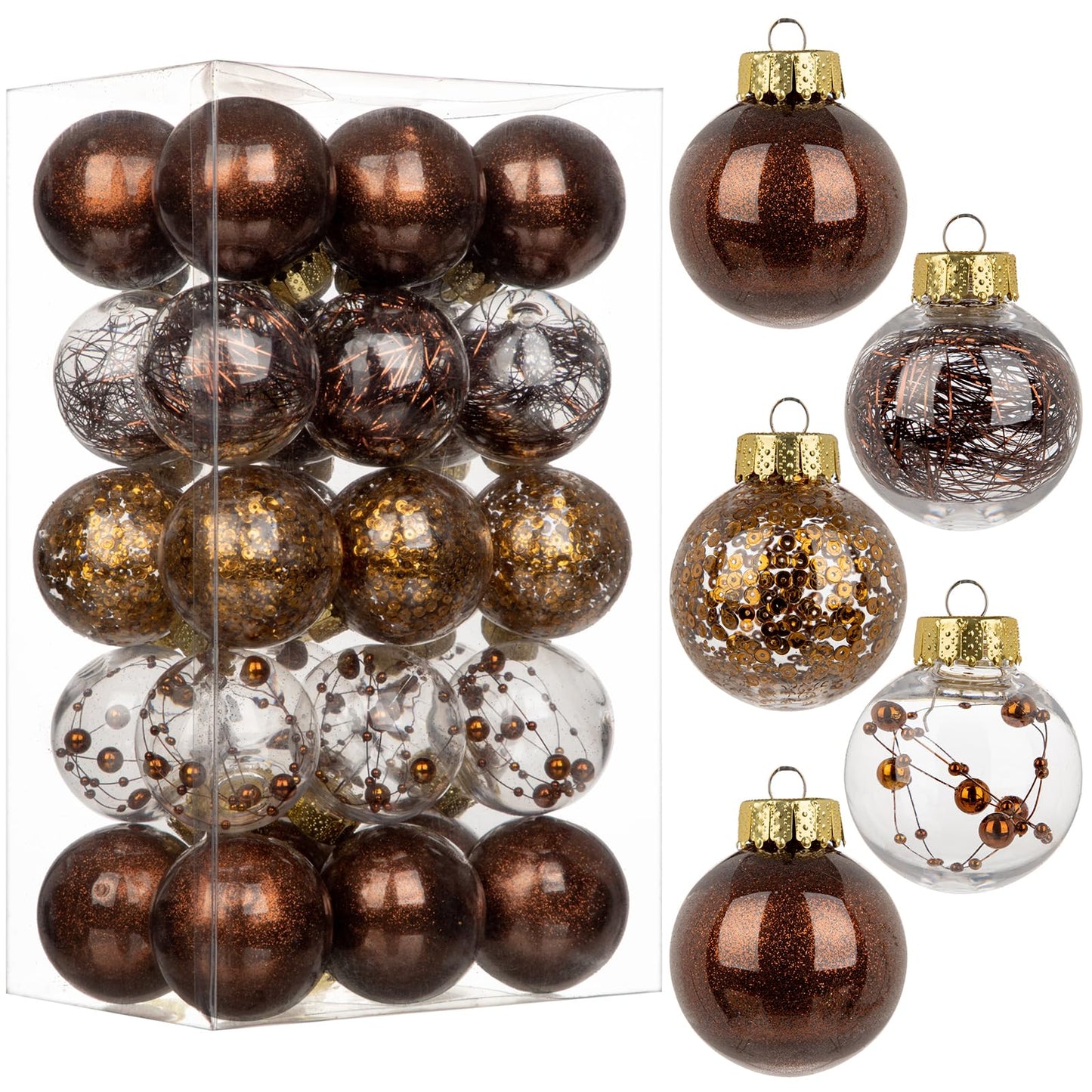 Briful 50mm/1.97" Shatterproof Clear Plastic Christmas Ball Ornaments Decorative Transparent Xmas Balls Baubles Set with Stuffed Delicate Decor Hanging Christmas Tree Ornaments(24 Counts, Brown)