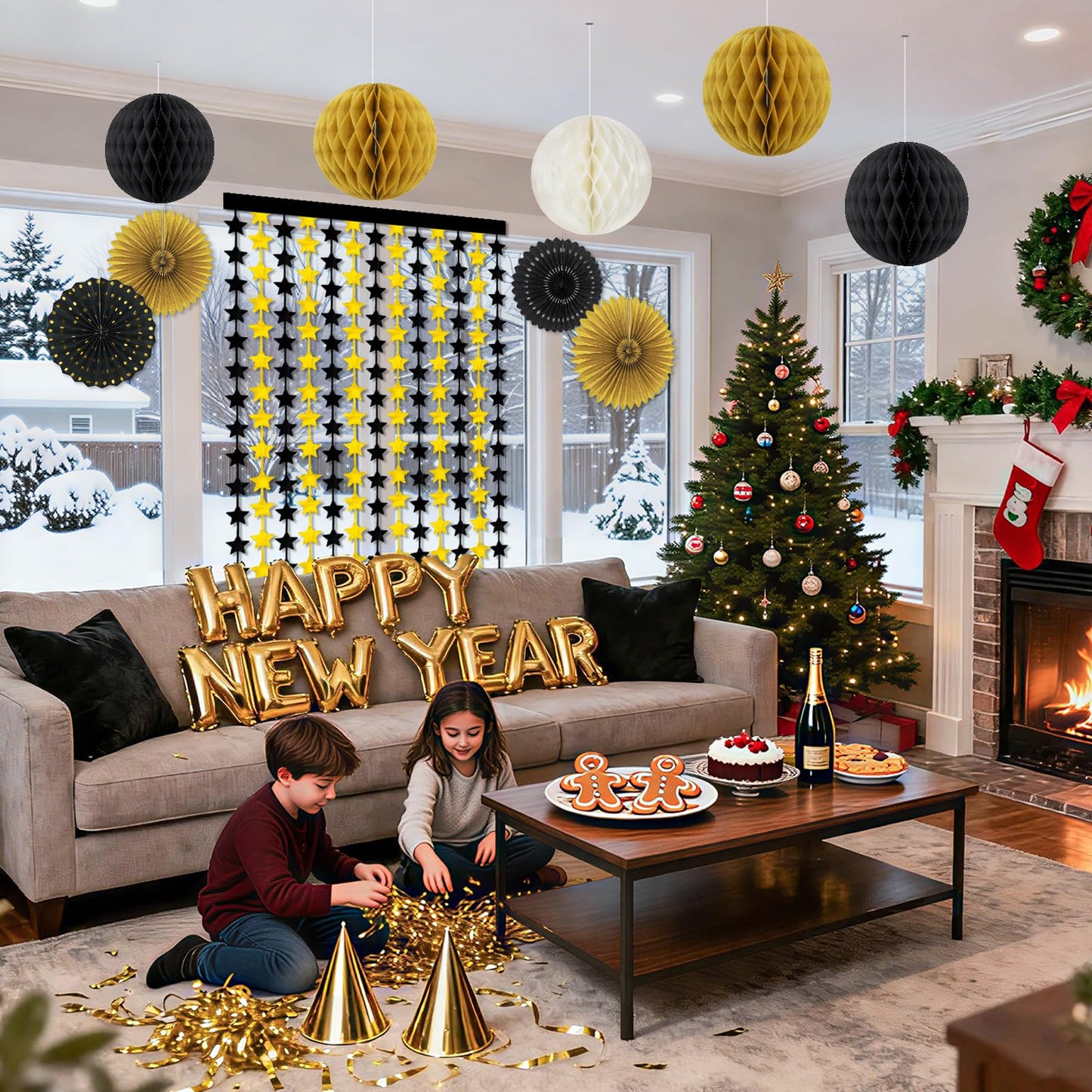 Black and Gold Party Decorations, 13Pcs Hanging Paper Fans Star Foil Curtains Happy Birthday Banner & Honeycomb Balls for Graduation Decorations 2026 and Birthday Party Supplies