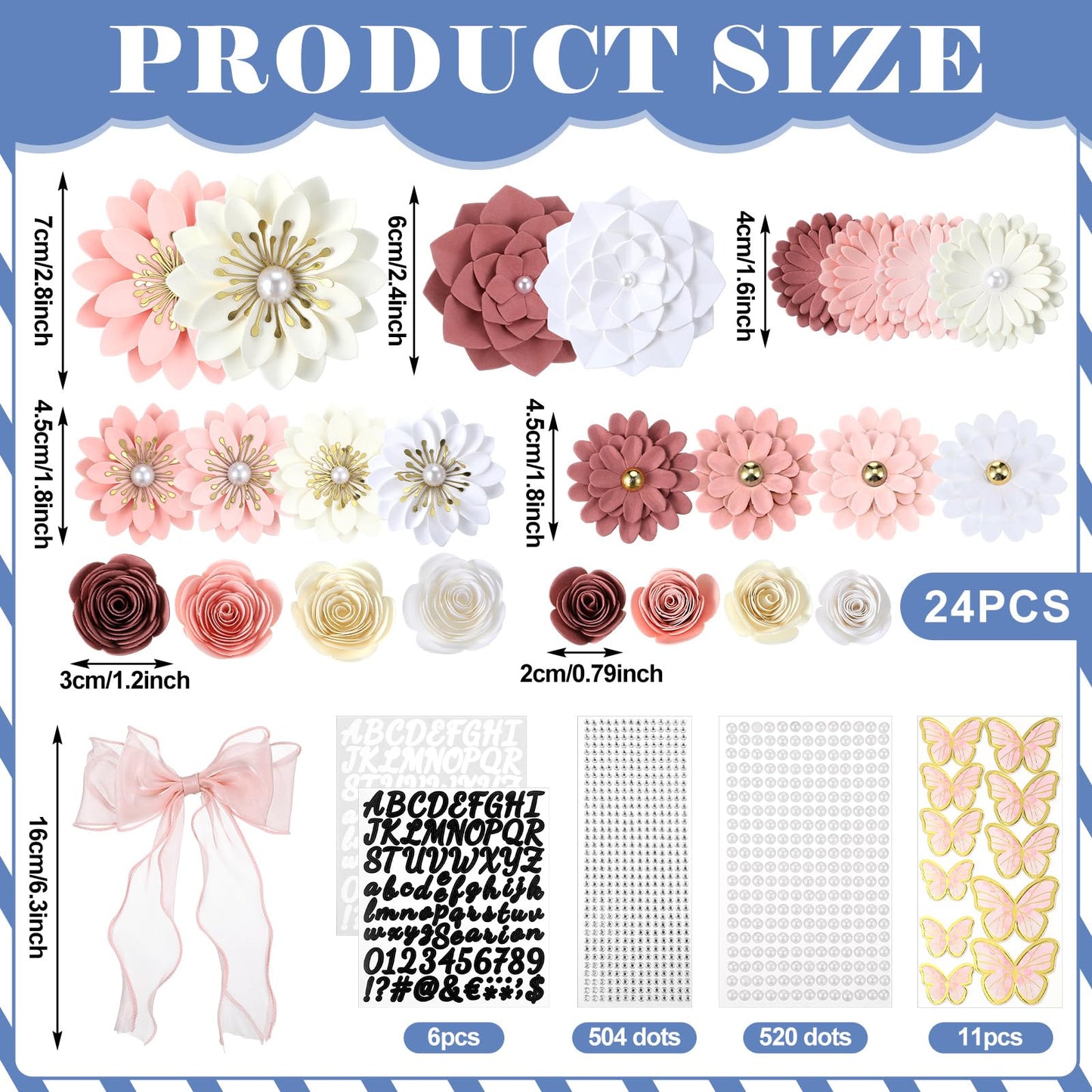 MotiMind 46 Pcs DIY Graduation Cap Decorations Kit Included Paper Flowers, 3D Butterfly Stickers, Rhinestone, Letter, Pearl Stickers, Mesh Ribbon Bow for DIY Grad Cap Decor(Pink)