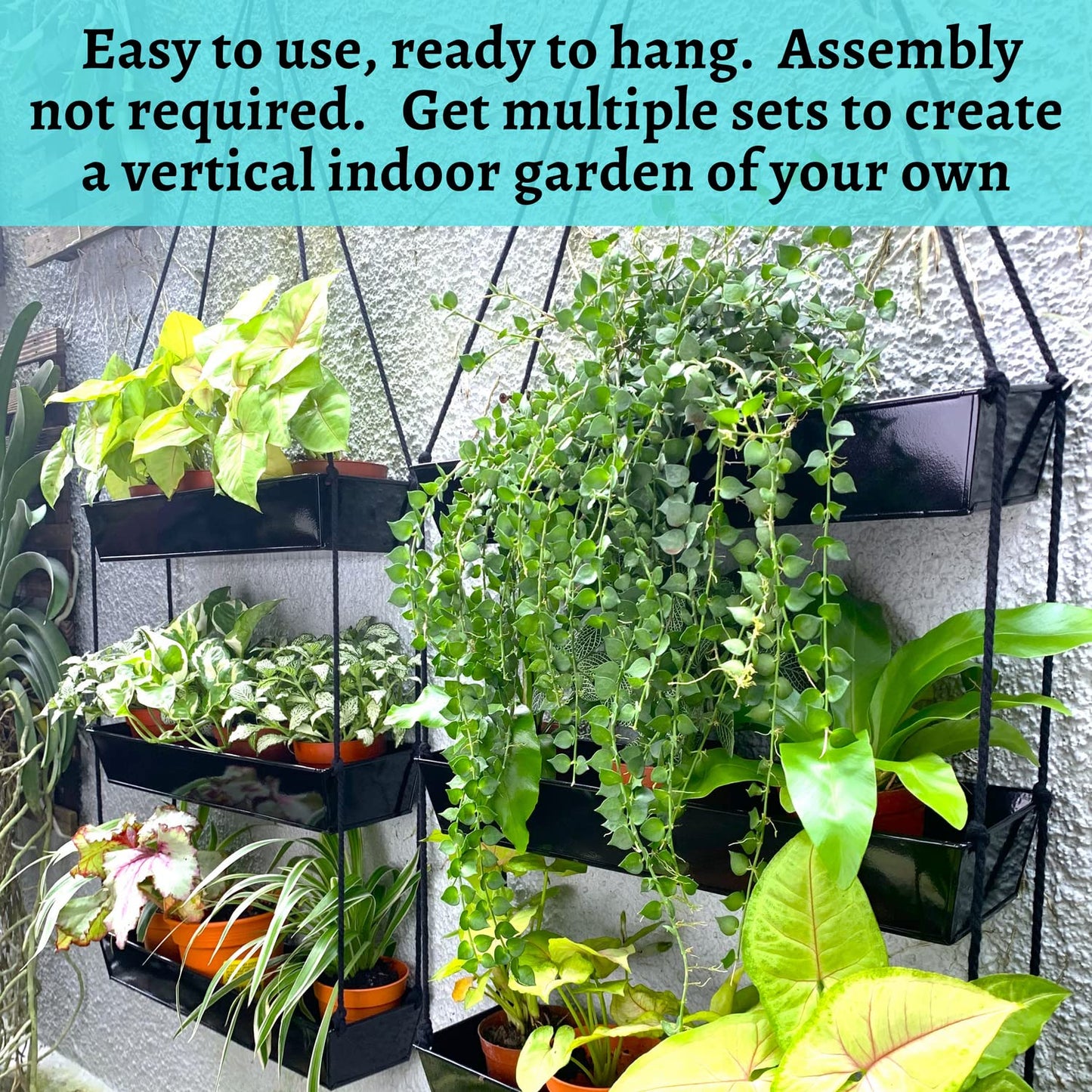 LaLaGreen 16 Inch Wall Mounted Tiered Planter for Indoor Succulent Plants, 3 Tier Modern Black Rectangular Metal Planter