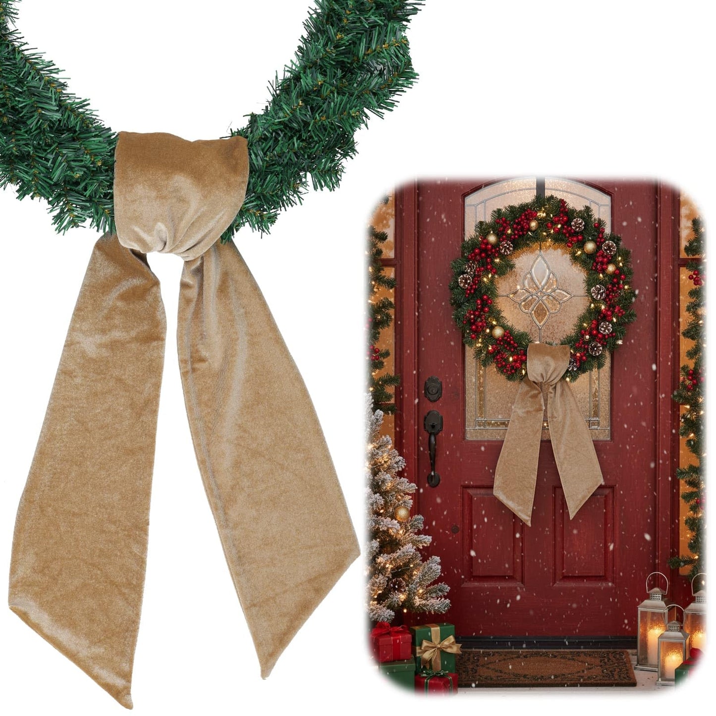 NUVCELKA Christmas Gold Velvet Wreath Sash 5.1"x53.9" Extra Long Luxury Bow - DIY Embroidery Premium Ribbon for Holiday Mantle Fireplace Indoor Elegant Decor