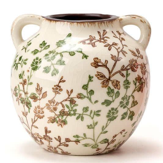 Green and Beige Antique Vase, 5.6 Inch Vintage Chinoiserie Floral Vase, Rustic Ceramic Vase for Home Decor, Living Room, Bookshelf, Office, Entryway, Garden, Chinoiserie Decor, Tuscan Decor