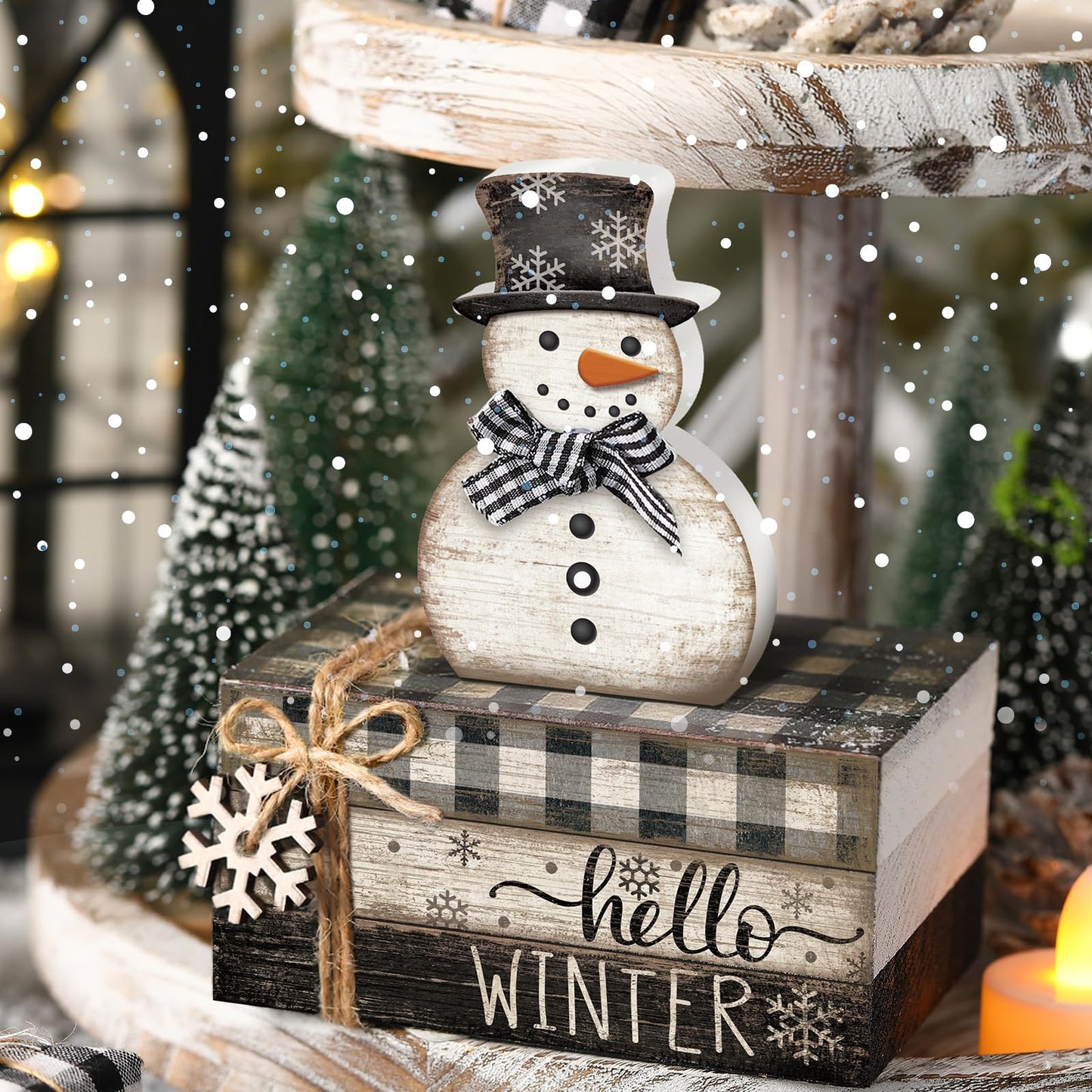 Anglechic 4 Pcs Winter Snowman Decor Hello Winter Table Decorations Christmas Tiered Tray Decor Centerpiece Indoor Rustic Wooden Snowman Block Sign Gift Farmhouse for Home Kitchen Shelf