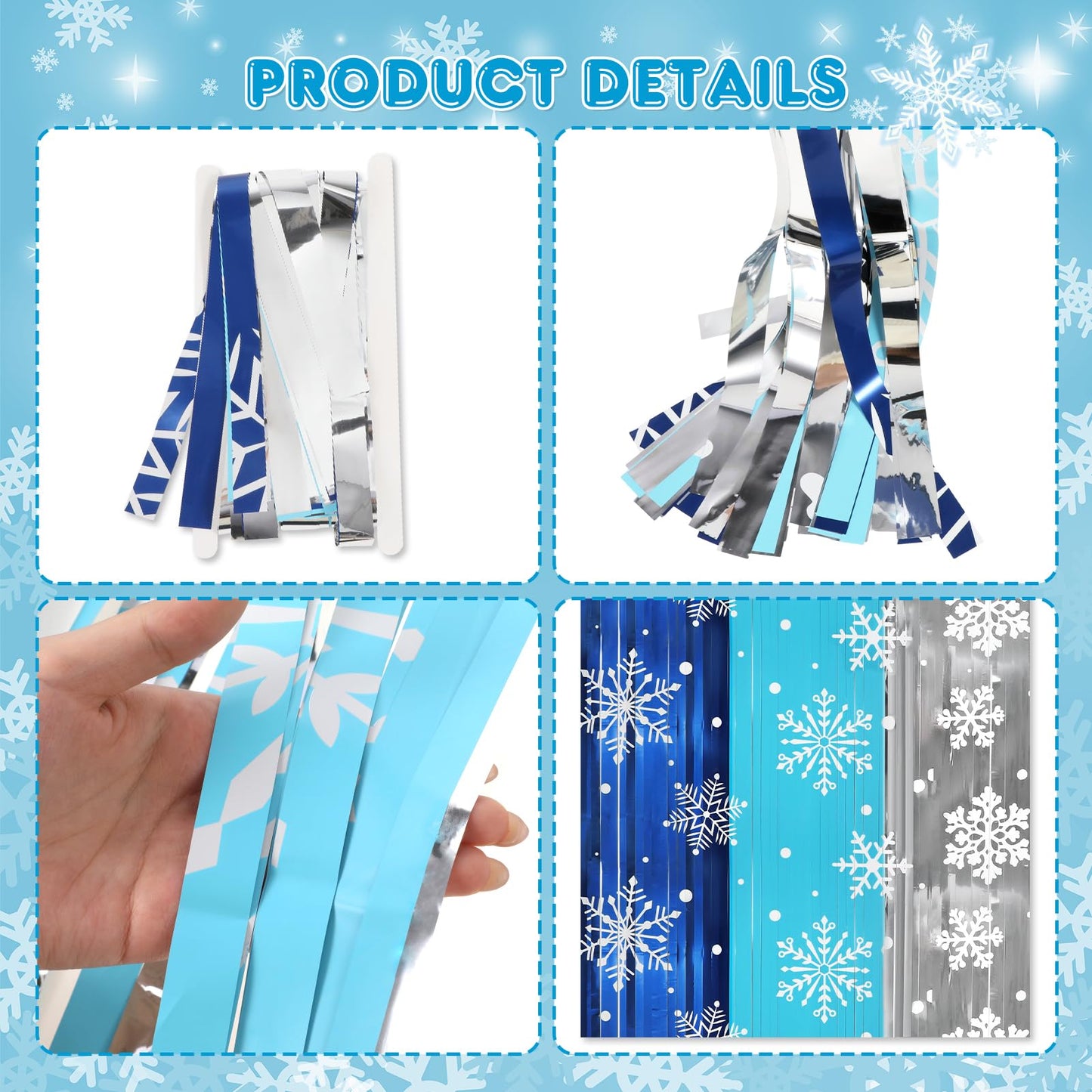 HOWAF 2 Pack Snowflake Foil Fringe Curtain, Winter Frozen Decoration, Blue Silver Winter Christmas Tinsel Foil Fringe Photo Booth Backdrop, Wonderland Tinsel for Birthday Party 3.2 * 6.5ft